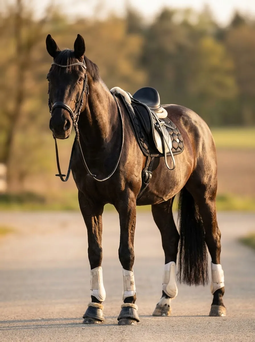 Golden Hour – Bay mare with a dressage saddle, boots and bridle on a path in warm evening light