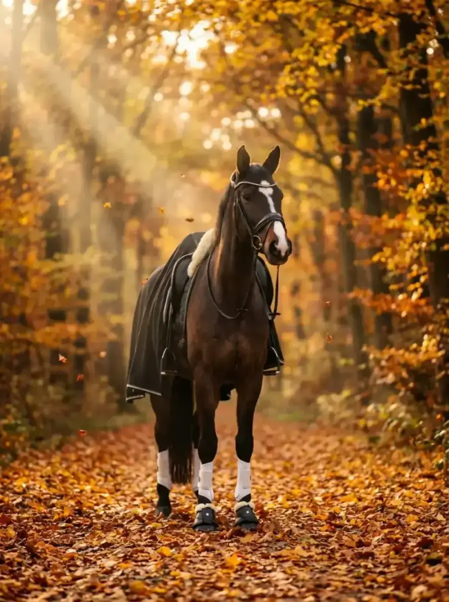 Autumn Romance – Bay horse with a blaze, cooler blanket and white polo wraps on a leafy path in a golden autumn forest