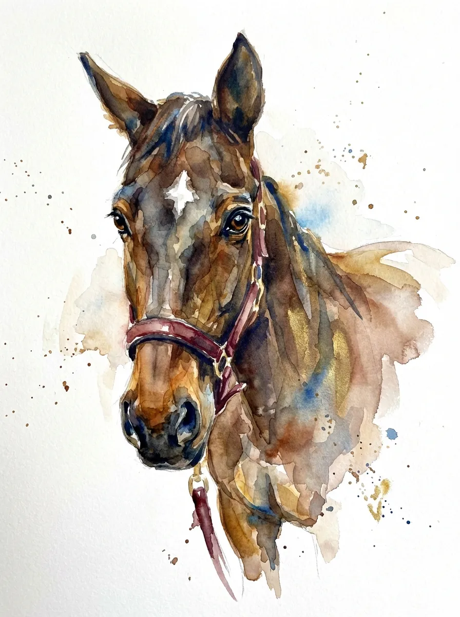 Watercolor – Bay horse with a blaze and red halter as a watercolor portrait with warm splashes of color