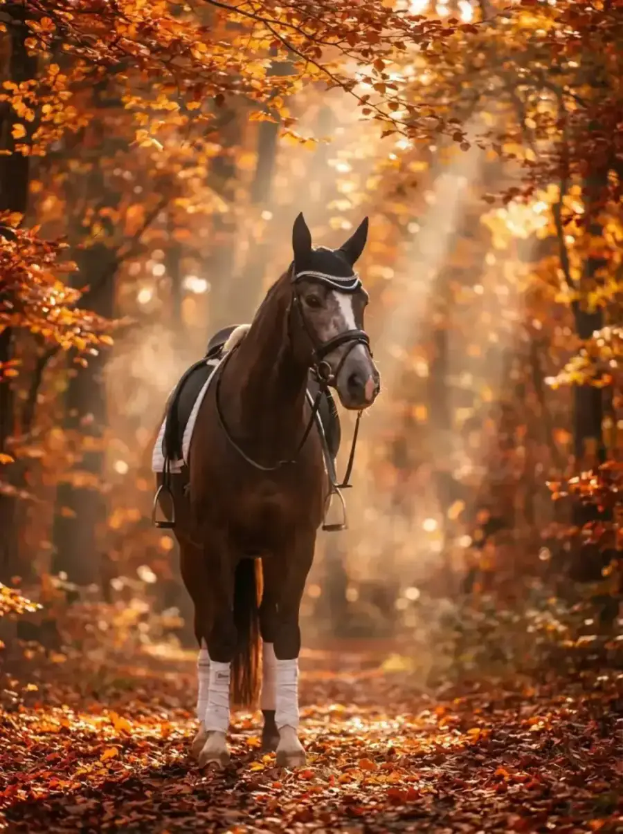 Autumn Romance – Bay horse with a dressage saddle, ear bonnet and polo wraps in a golden autumn forest with falling leaves