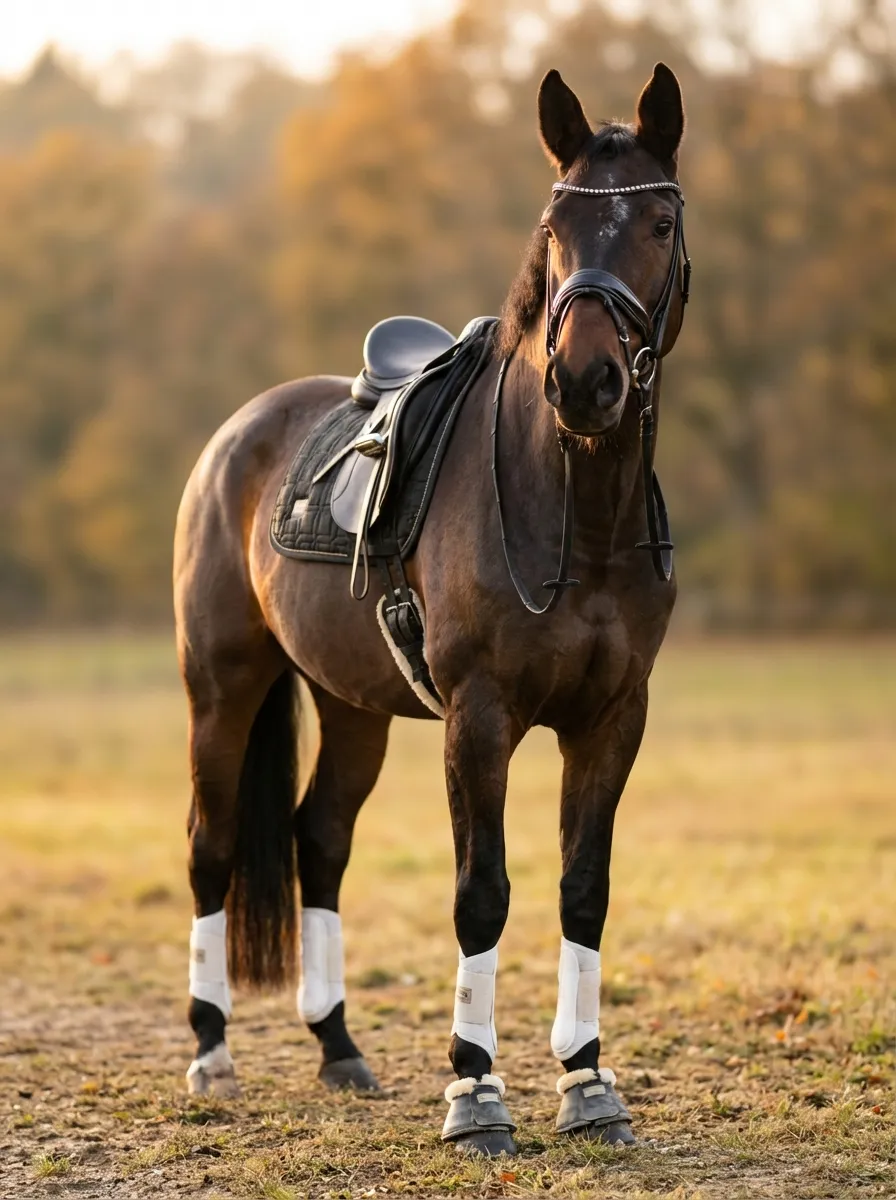 Golden Hour – Bay horse with a dressage saddle and white boots in autumn evening light