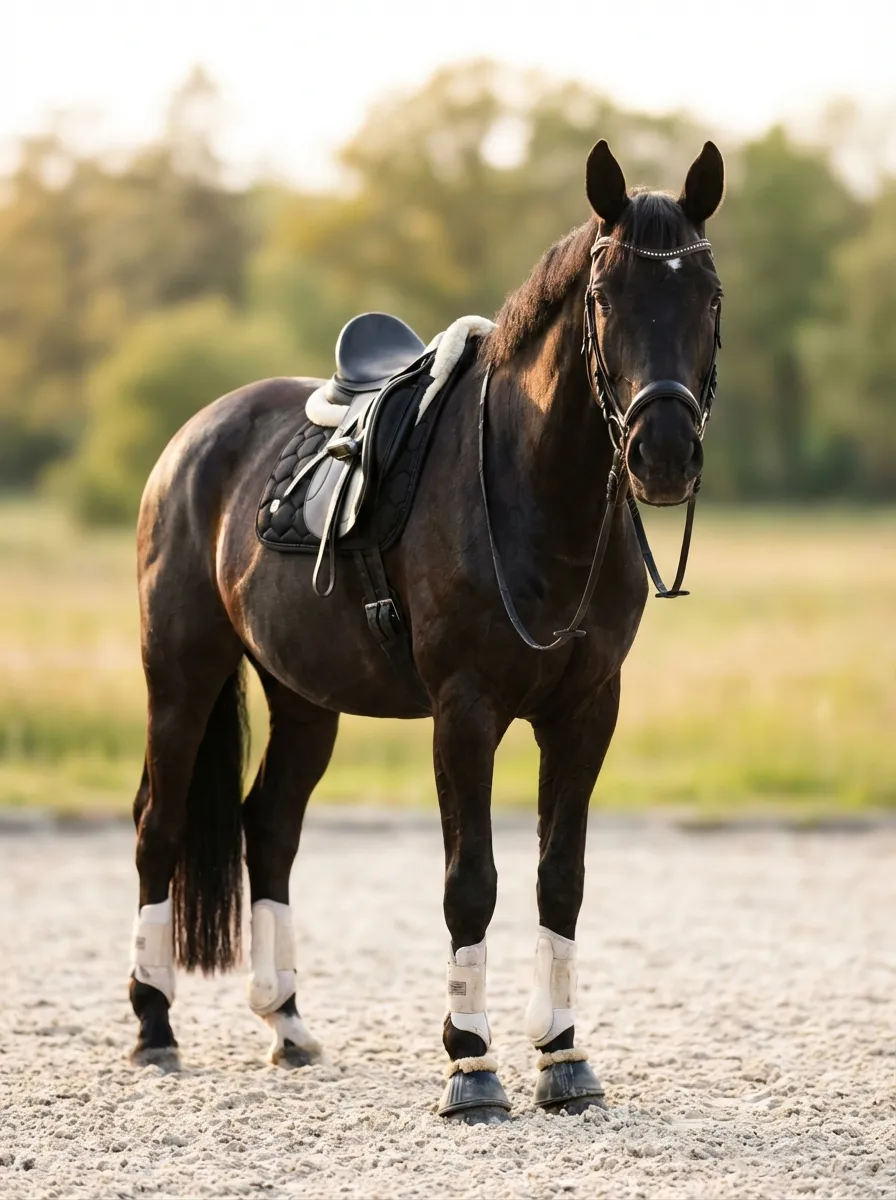 Golden Hour – Bay horse with a dressage saddle and boots in the arena in evening light