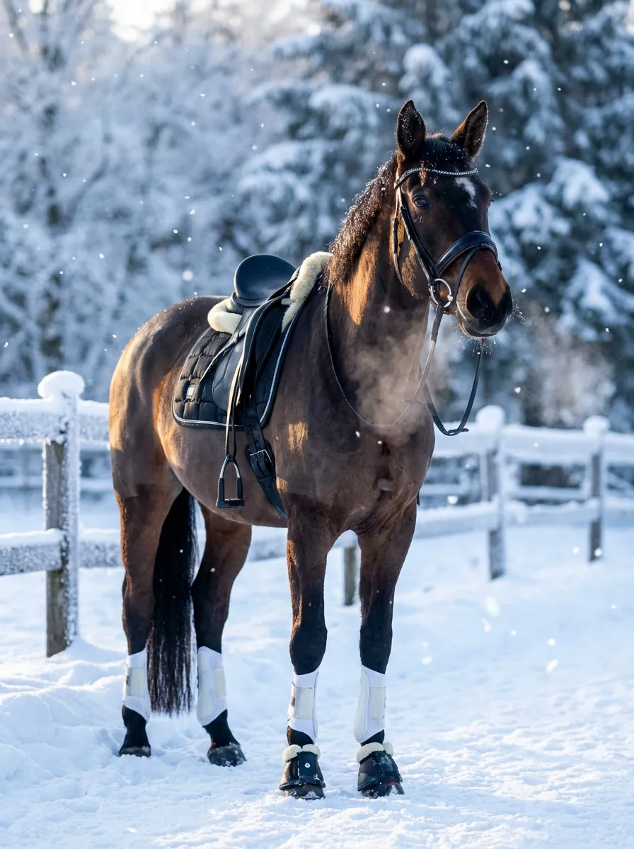Winter Magic – Bay horse with a dressage saddle, white polo wraps and rhinestone browband in a snowy winter landscape