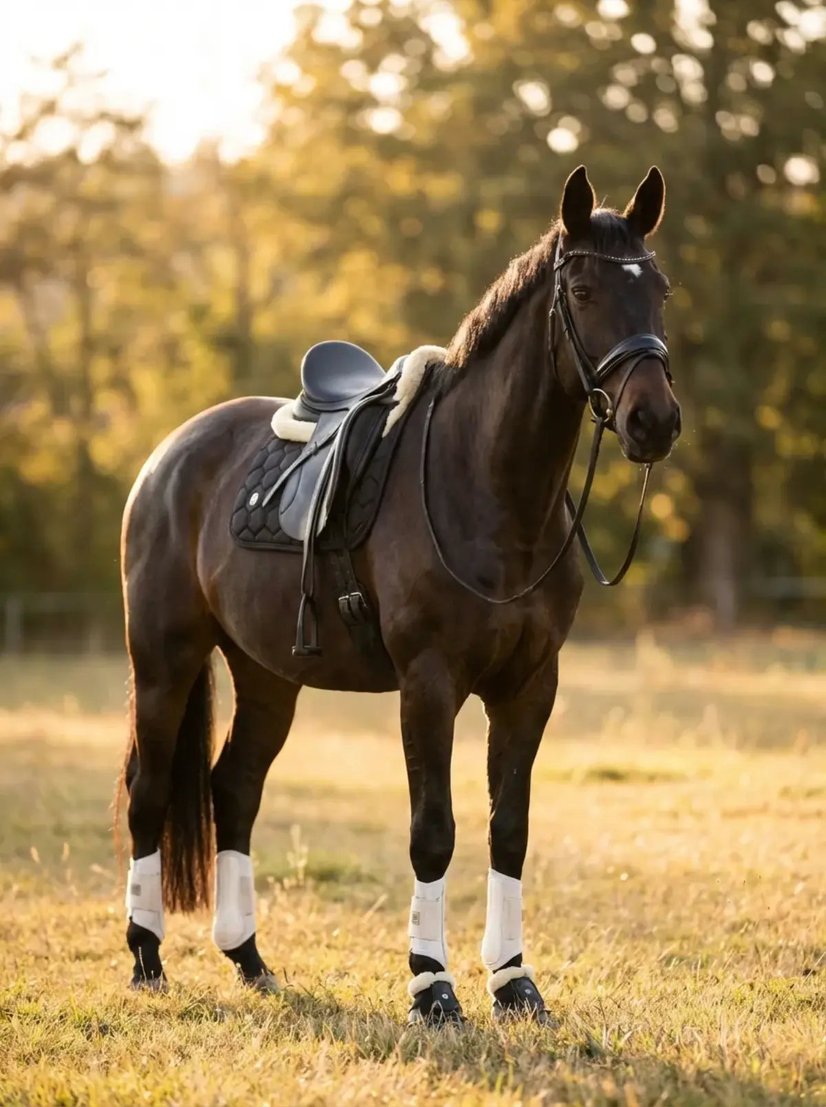 Golden Hour – Bay horse with a dressage saddle and boots on a golden meadow in evening light