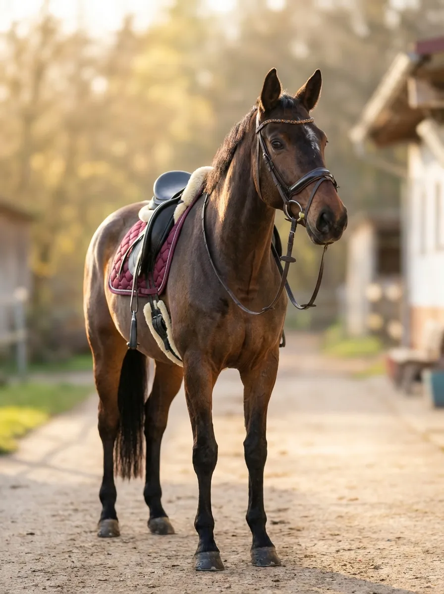 Golden Hour – Bay horse with a dressage saddle and burgundy saddle pad in the barn aisle in evening light