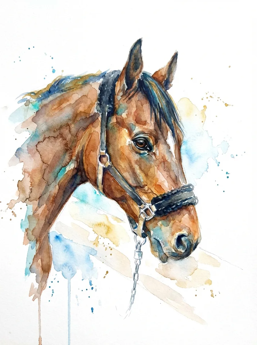 Watercolor – Bay horse with a halter and lead chain as a watercolor portrait with blue and gold splashes