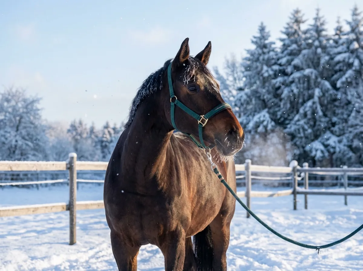 Winter Magic – Bay horse with a green halter on a snowy pasture in front of a winter forest