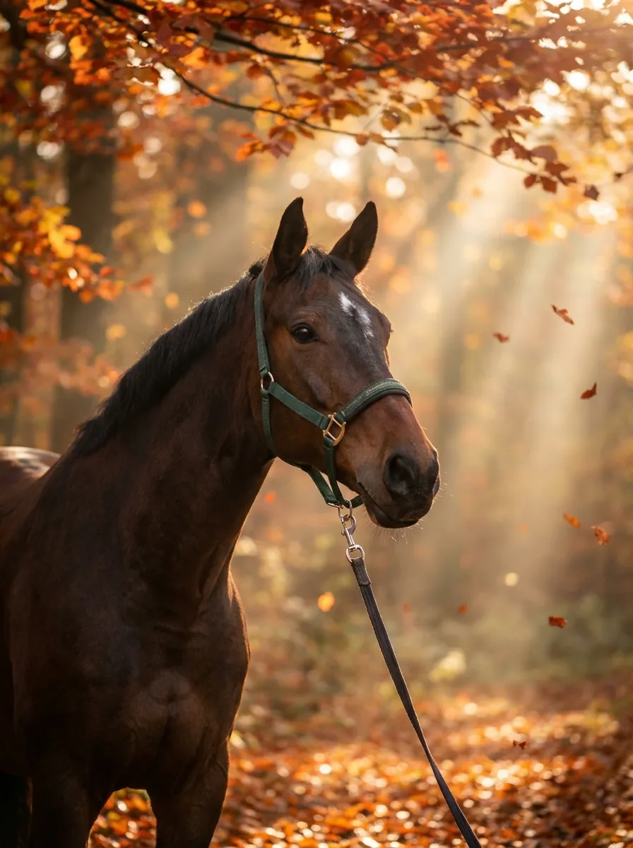 Autumn Romance – Bay horse in a halter in a golden autumn forest with sunbeams and falling leaves