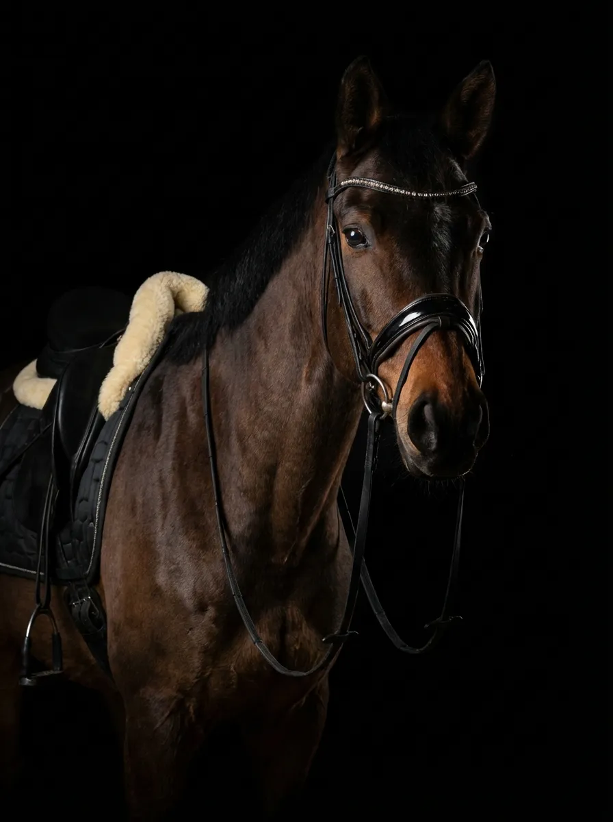 Studio Portrait – Close-up of a bay horse with a rhinestone browband and sheepskin pad on a black background