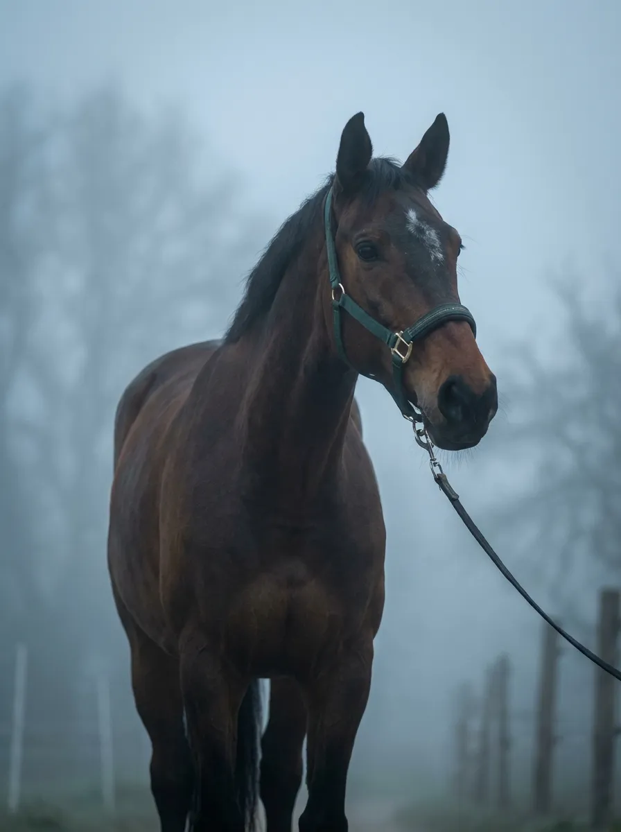 Mist & Mystery – Bay horse in a halter in mysterious morning mist