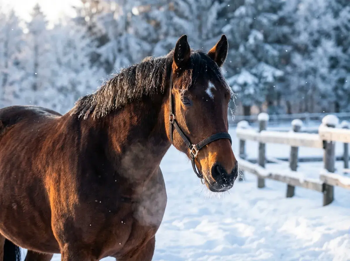 Winter Magic – Close-up portrait of a bay horse in a halter in snowy winter