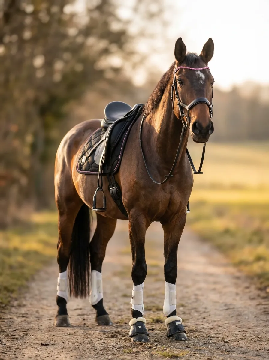Golden Hour – Bay horse with a saddle and white boots on a country lane in evening light
