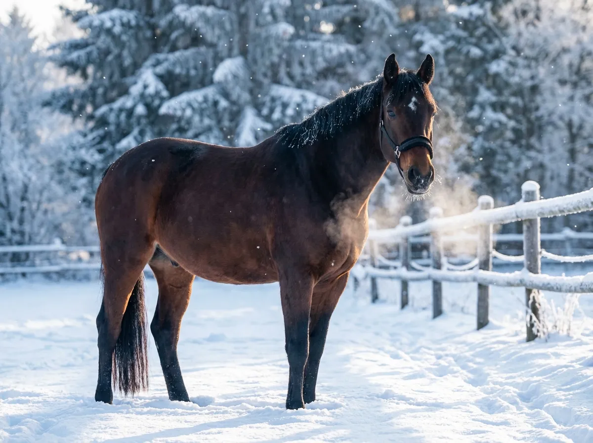 Winter Magic – Bay horse on a snowy pasture in a winter landscape