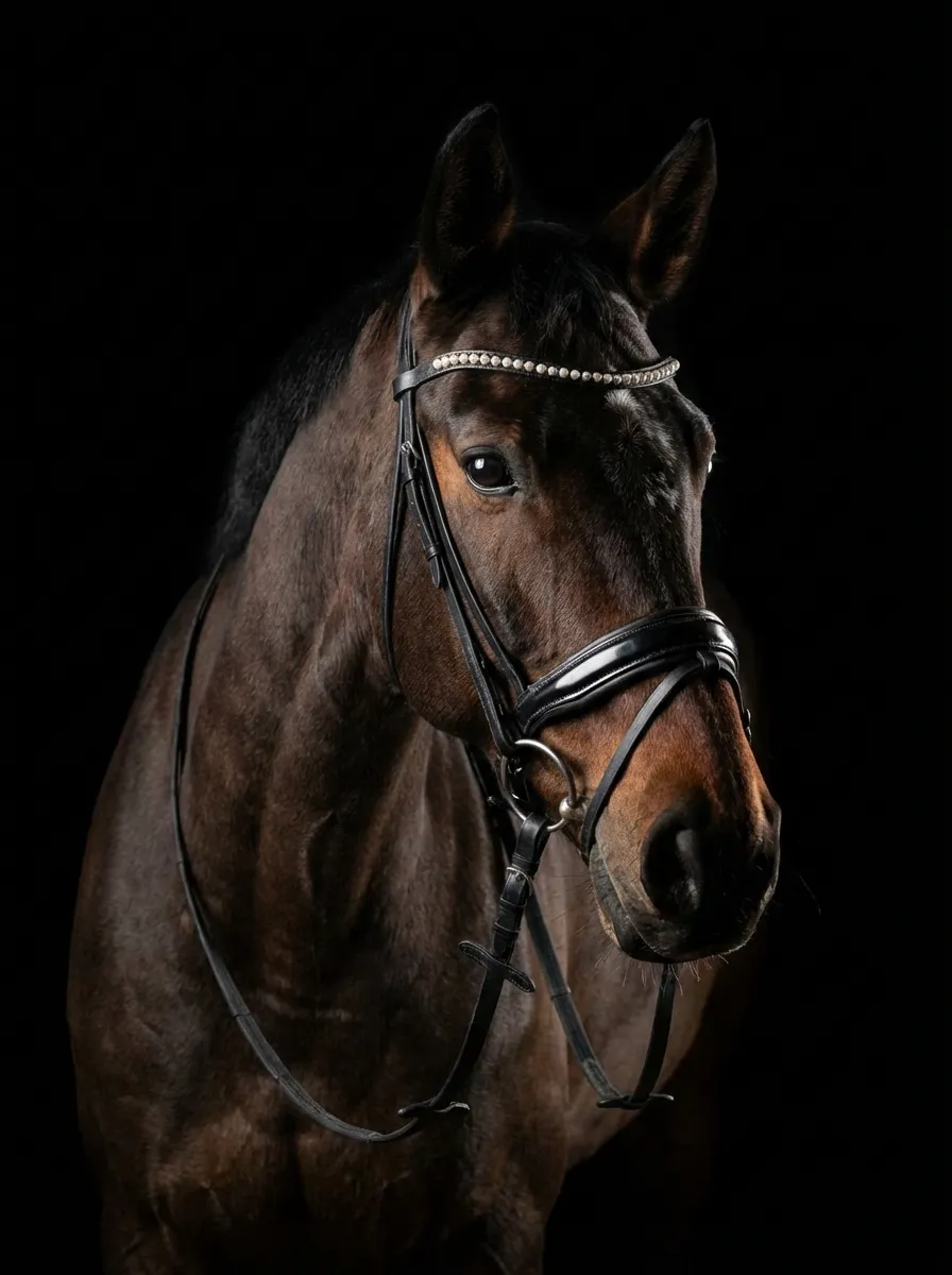 Studio Portrait – Bay horse with a bridle and crystal browband on a black background