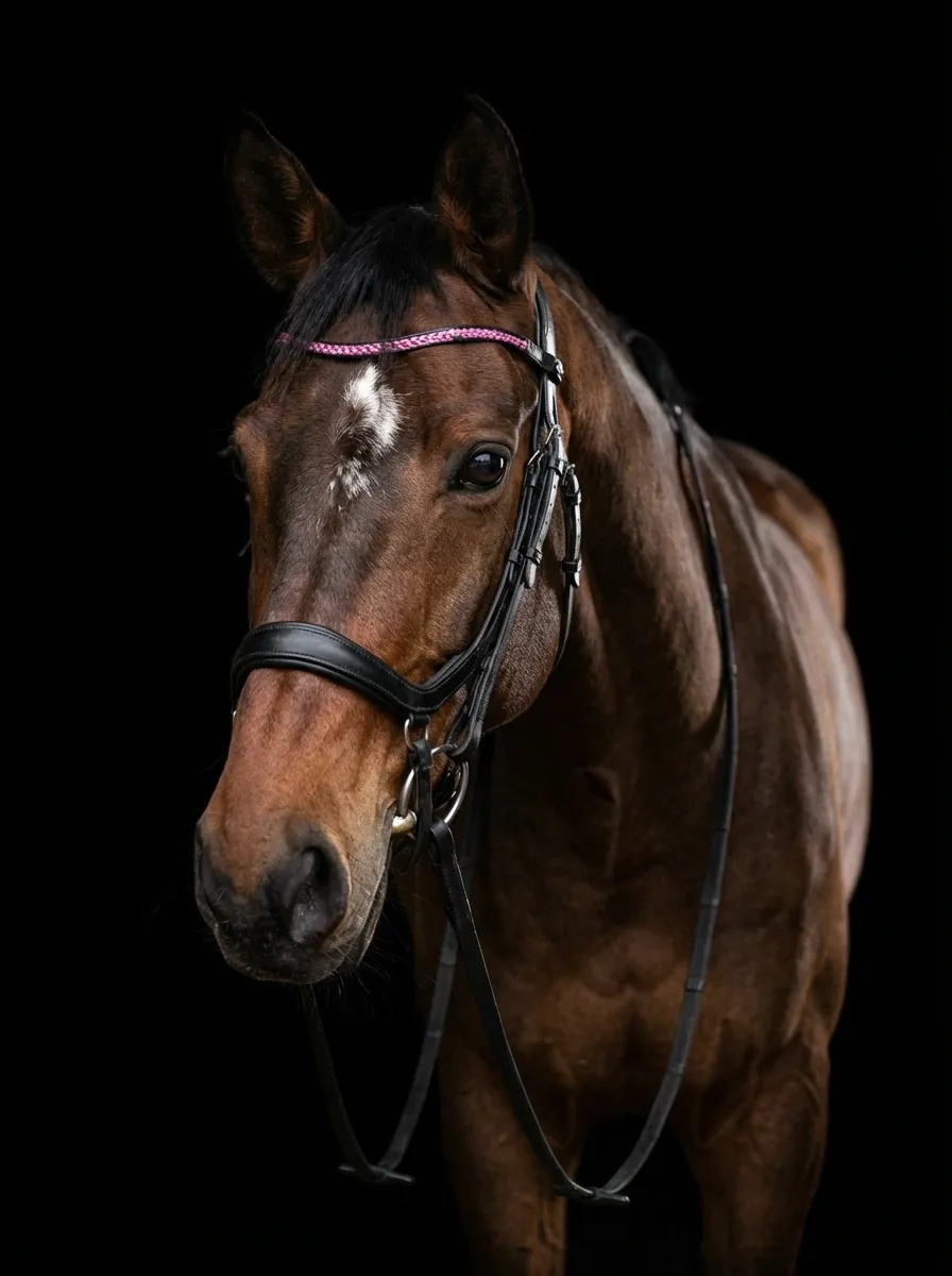 Studio Portrait – Bay horse with a bridle and pink browband on a black background