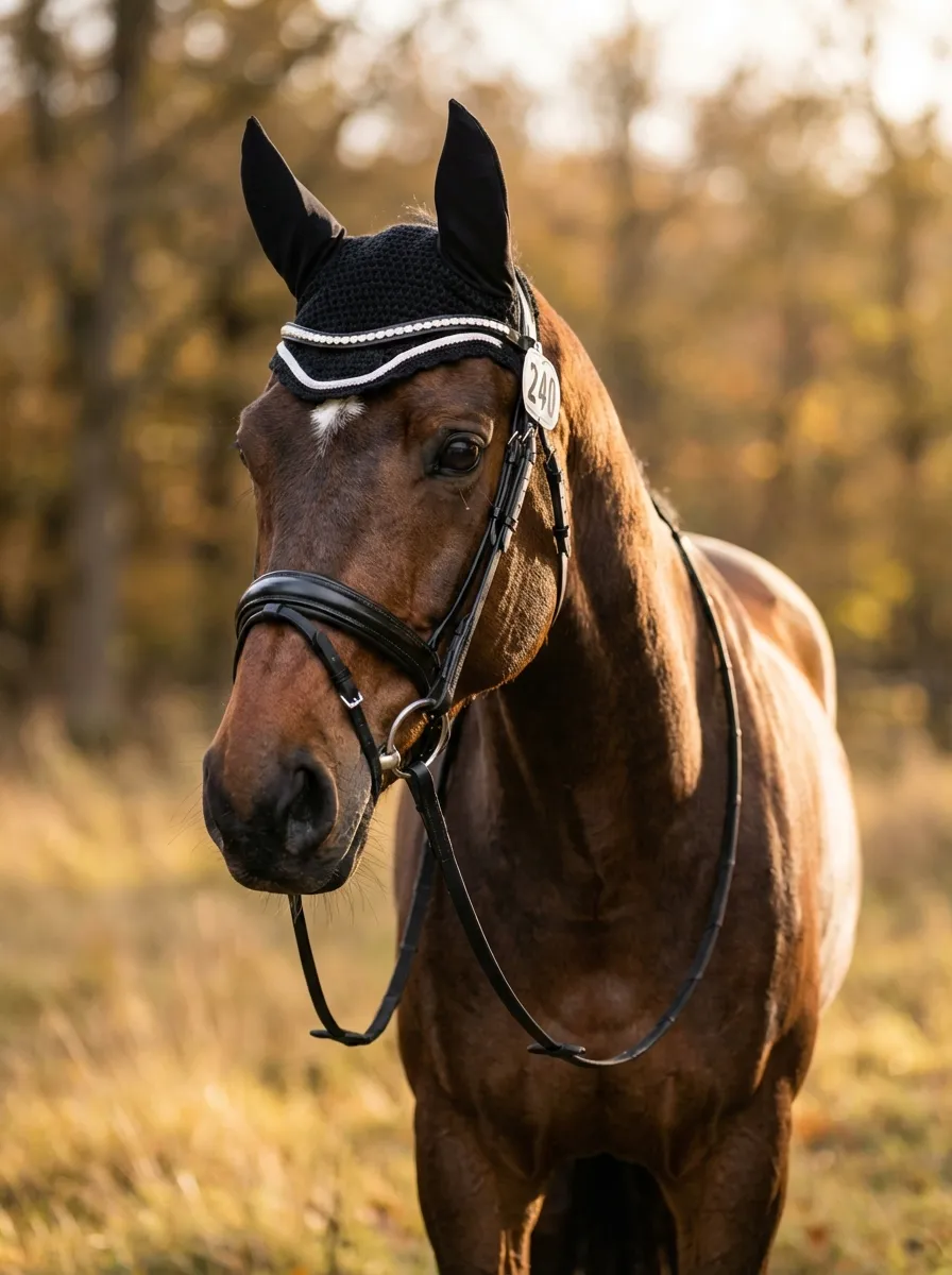 Bay dressage horse with ear bonnet in golden evening light