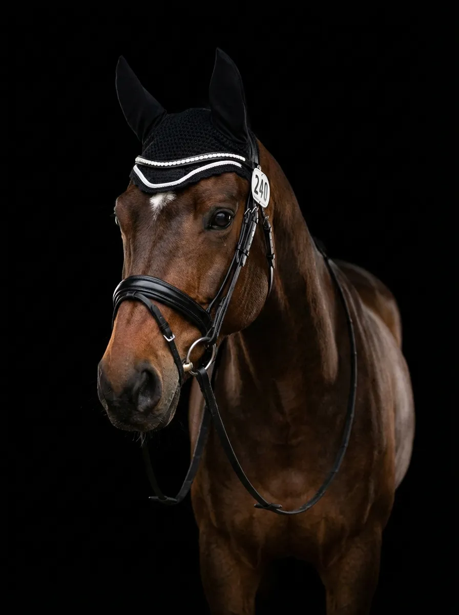Studio Portrait – Bay dressage horse with an ear bonnet and bridle on a black background