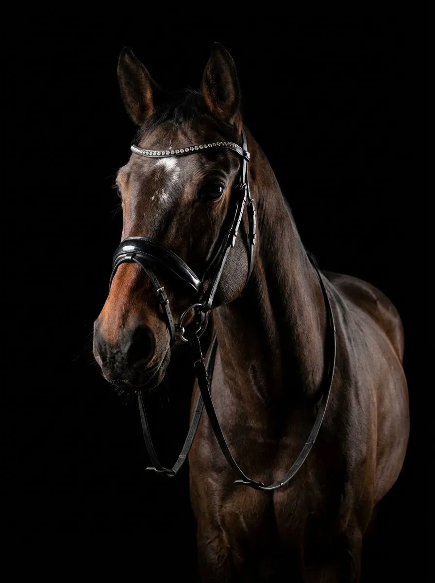 Studio Portrait – Bay warmblood with a rhinestone browband on a black background