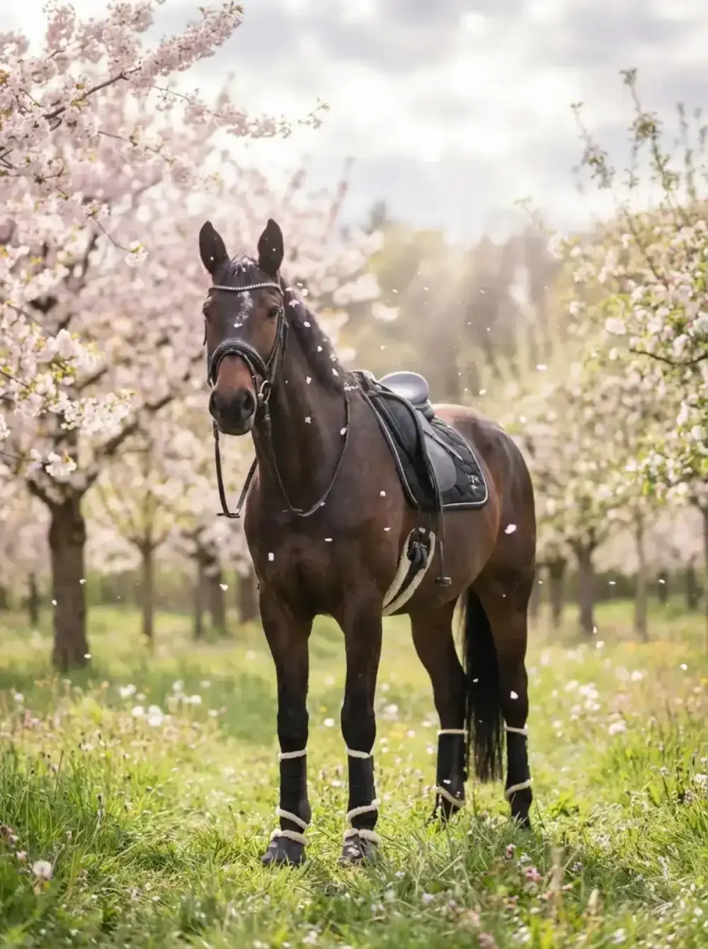 Spring Blossom – Bay warmblood under blooming cherry trees with petals