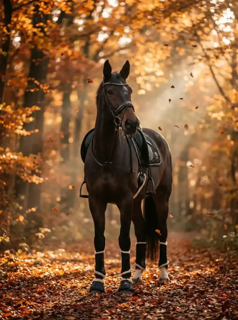 Autumn Romance – Bay warmblood in a colorful autumn forest with falling leaves