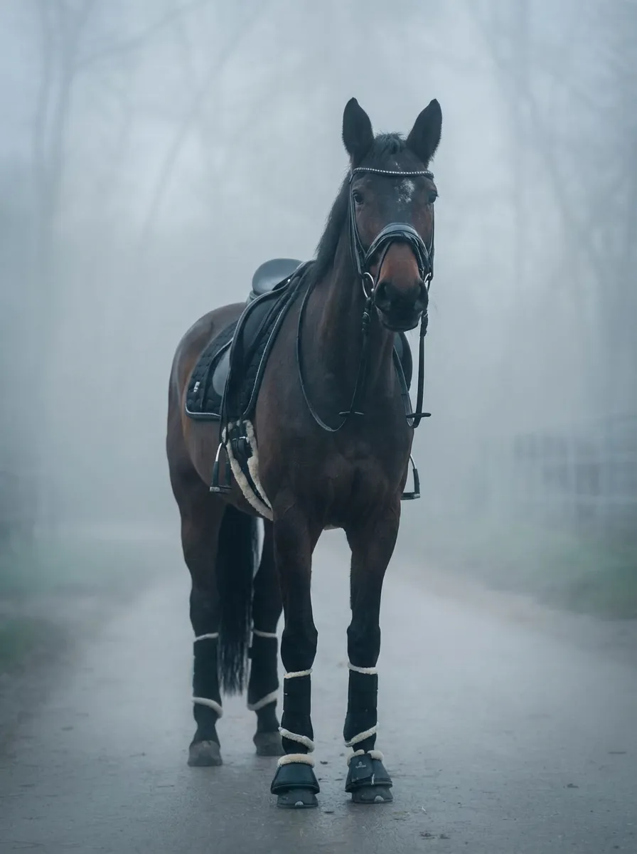 Mist & Mystery – Bay warmblood with polo wraps in mysterious morning mist