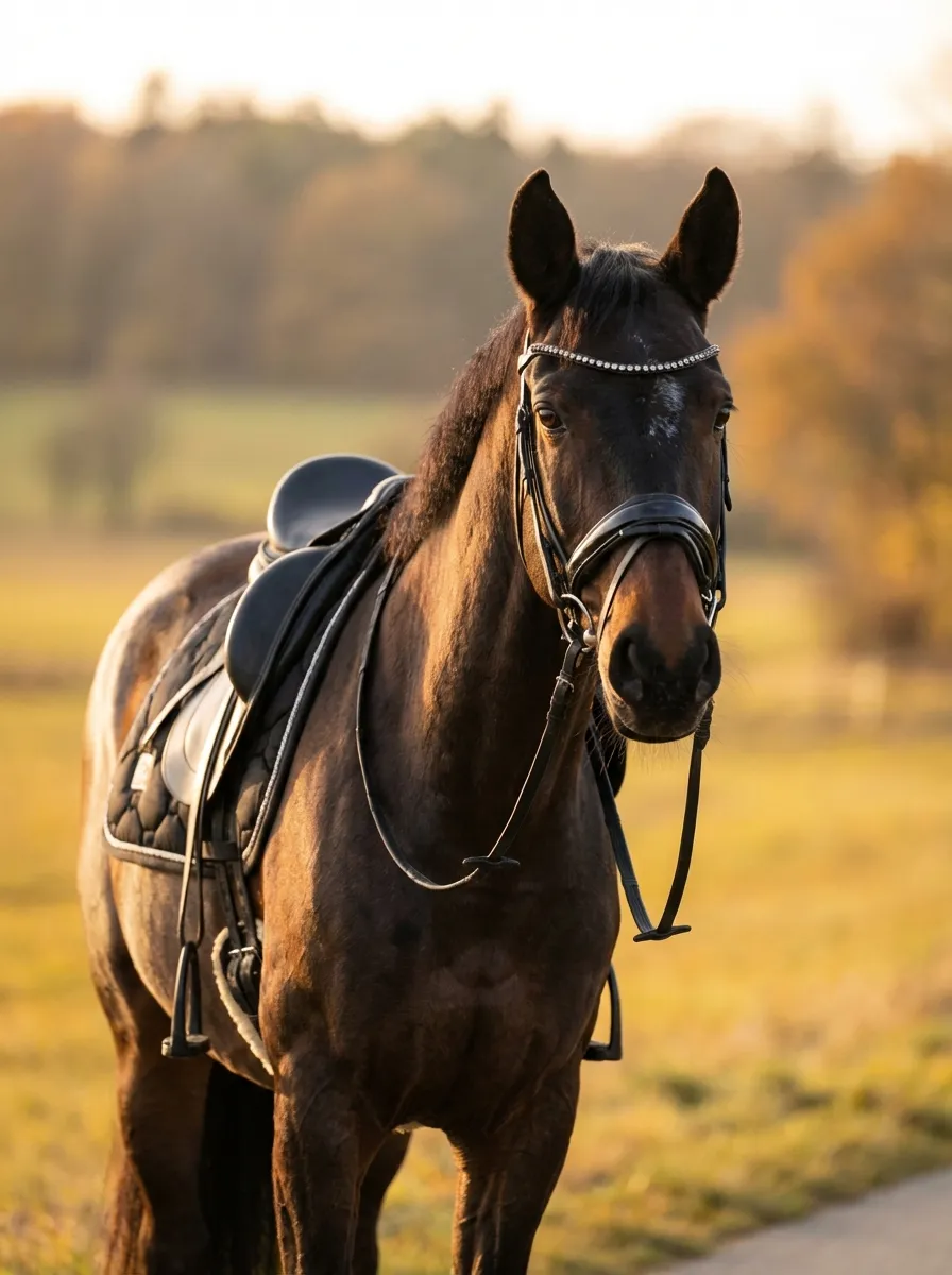 Golden Hour – Bay warmblood with a saddle in warm evening light