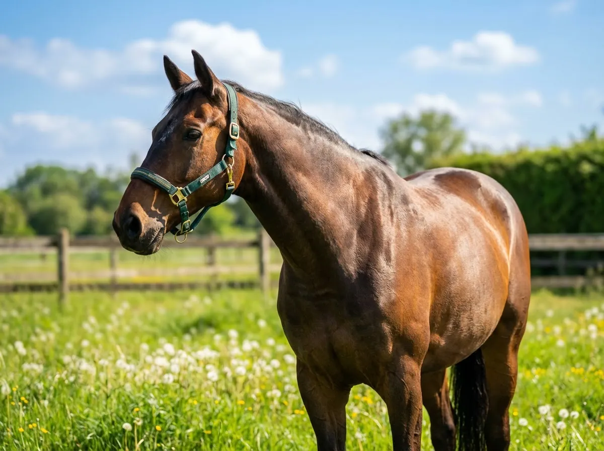 Summer Pasture – Bay warmblood on a lush green pasture in the sunshine