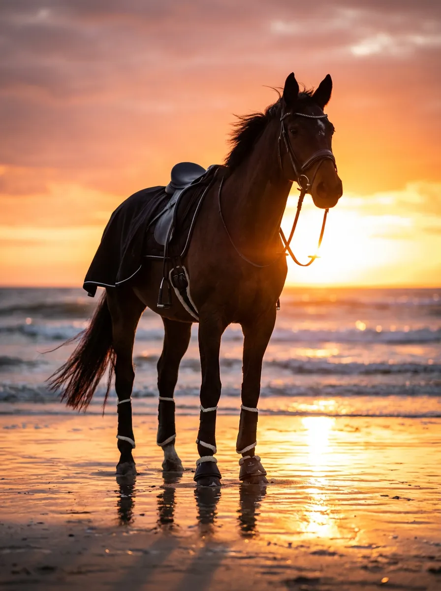 Beach & Sea – Bay warmblood on the beach at a dramatic sunset
