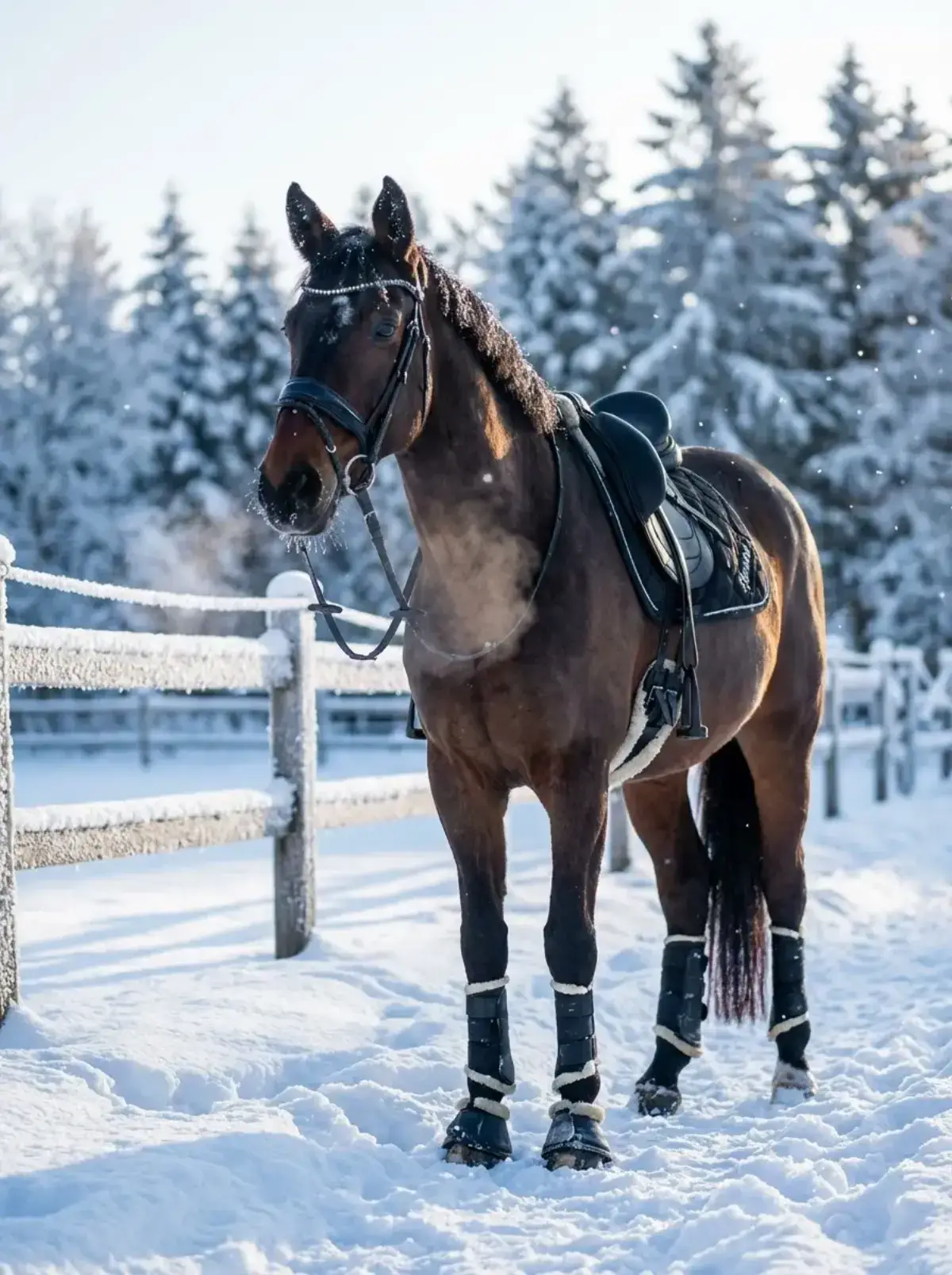 Bay warmblood with saddle in a snowy landscape