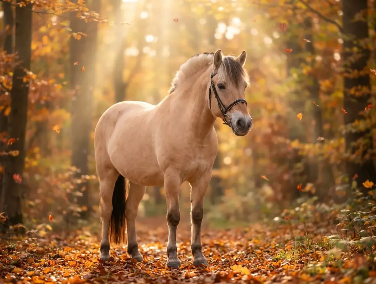 Fjord horse in an autumn forest with rays of sunlight