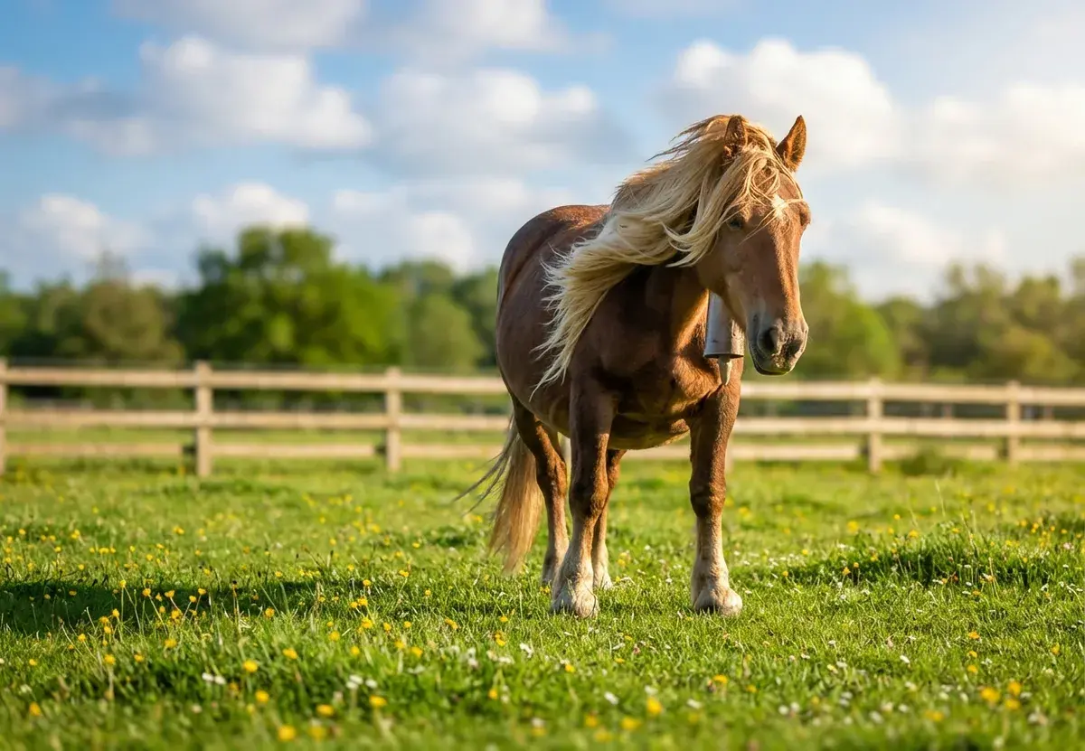 Summer Pasture – Chestnut horse with a flaxen mane on a green pasture in the sunshine