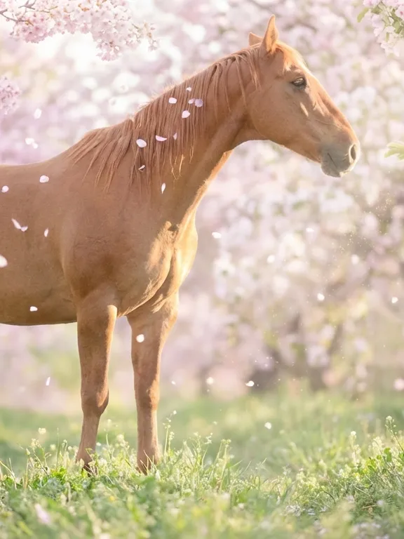 Spring Blossom – Chestnut horse between blooming cherry trees with falling petals on a green meadow
