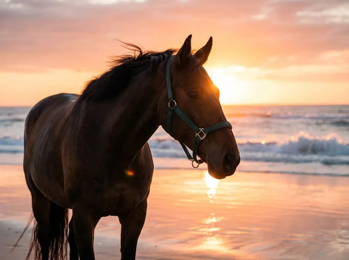 Dark horse on the beach at sunset