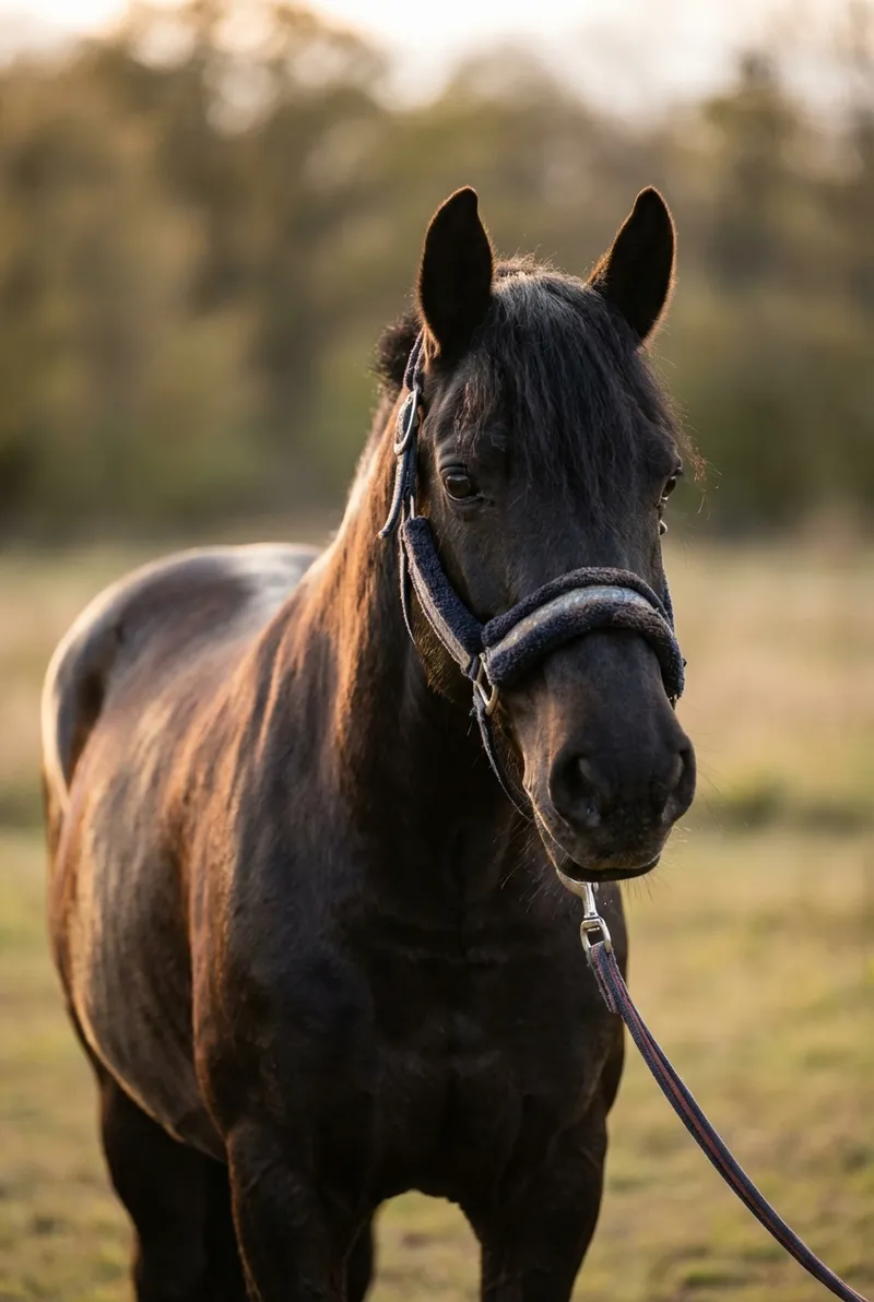 Summer Pasture – Dark pony in a halter on a green pasture in warm evening light
