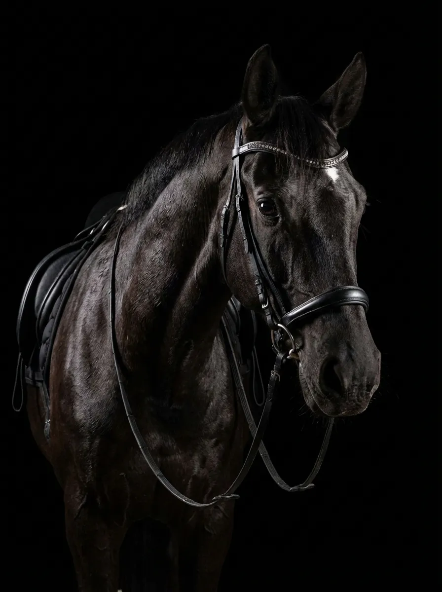 Studio Portrait – Black horse with a dressage saddle and rhinestone browband on a black background