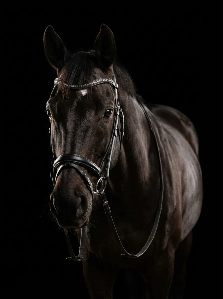 Studio Portrait – Black horse with a rhinestone browband and bridle on a black background