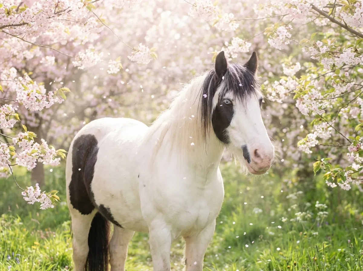 Spring Blossom – Black and white pinto between blooming cherry trees with falling petals on a green meadow