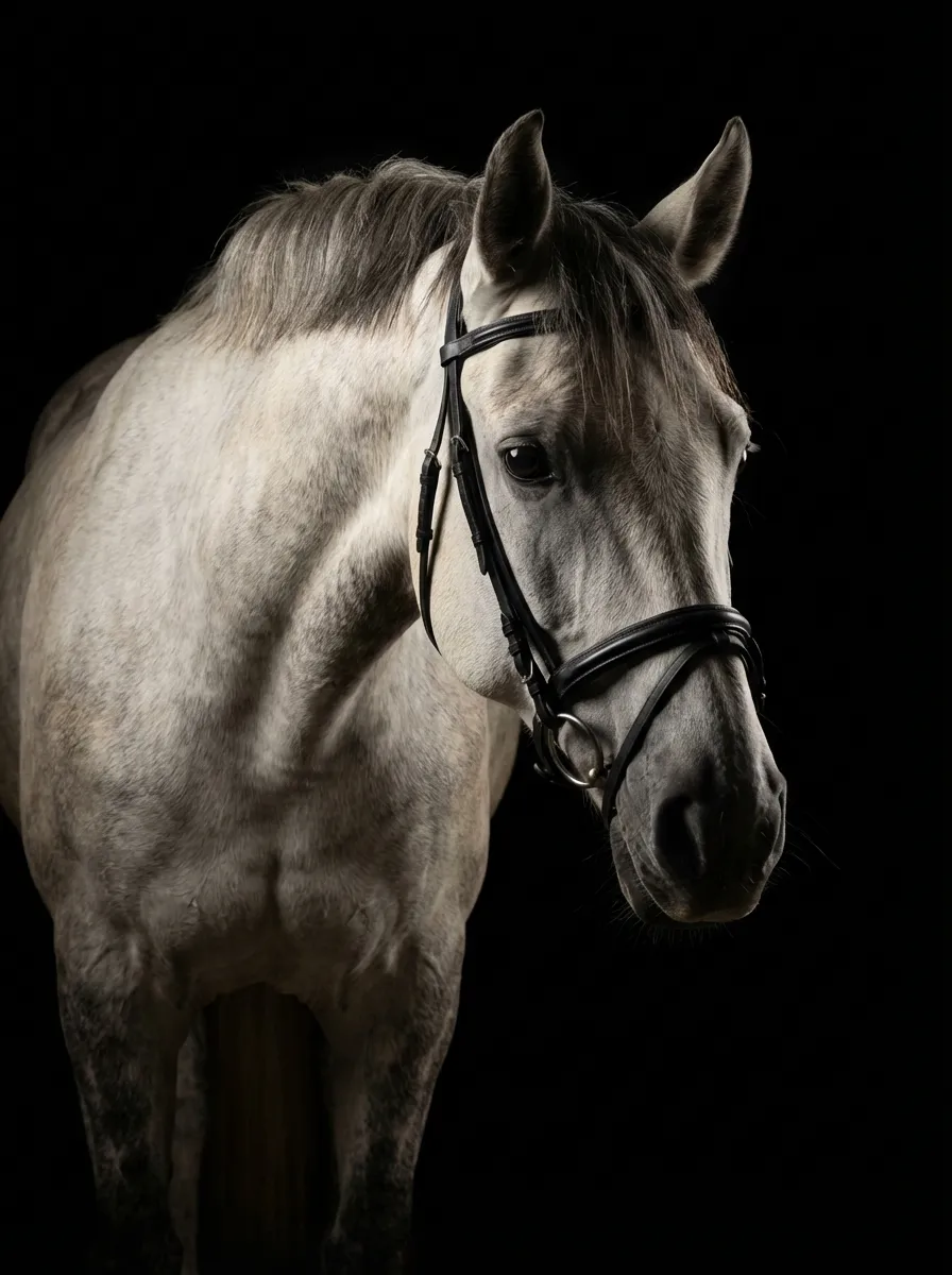 Gray horse in a studio portrait on a black background